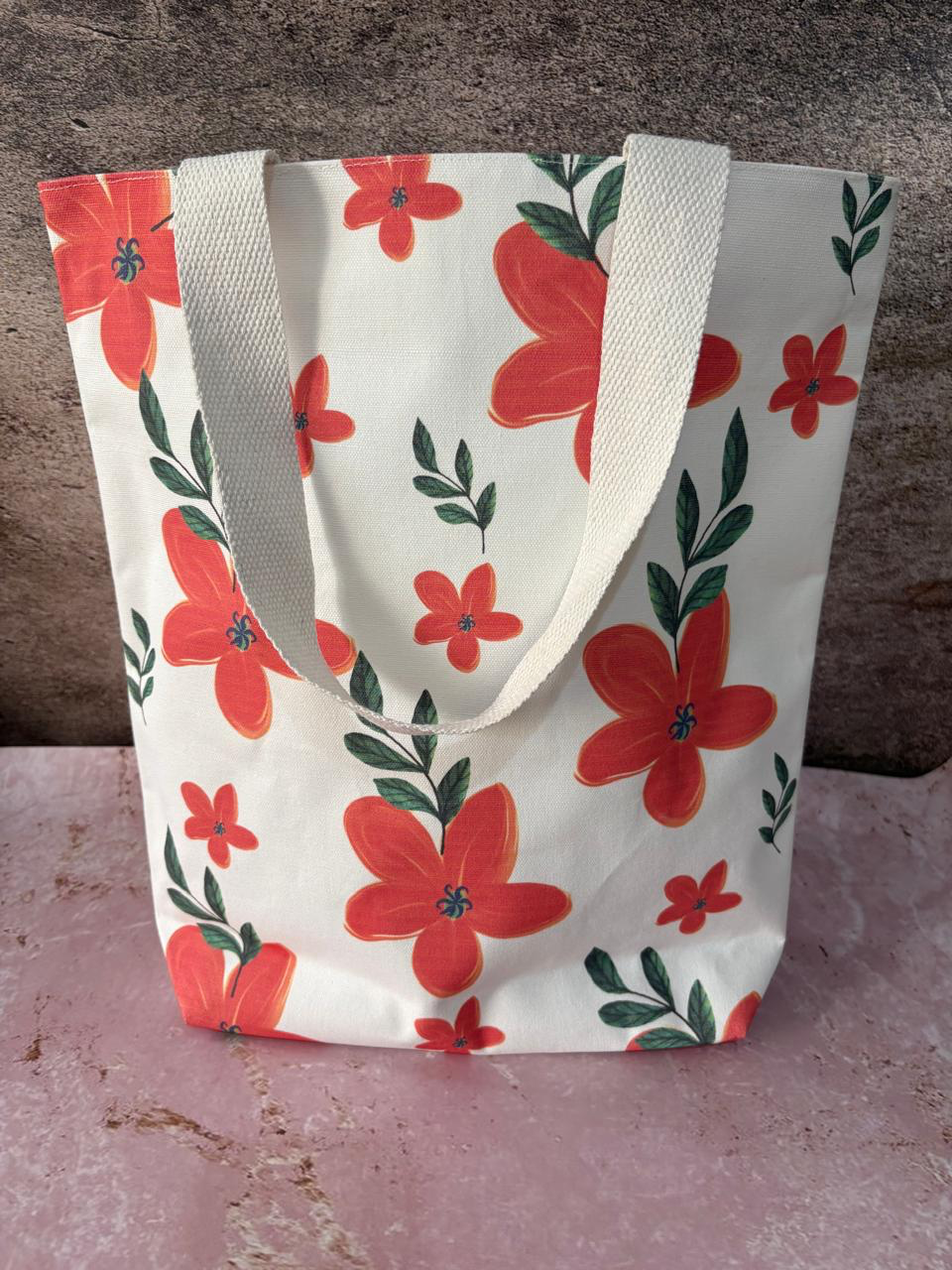Brigitte cotton tote in a coral floral print.